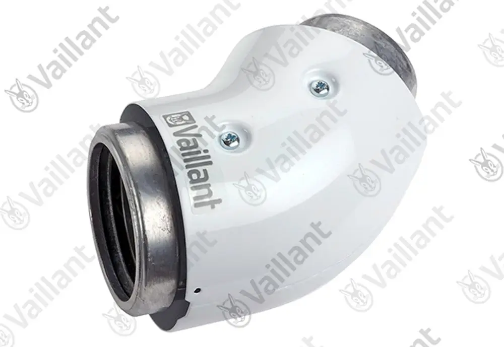 Vaillant Bogen in Weiß, aus Metall gefertigt, mit einem Anschluss für Rohre. Geeignet für den Einsatz in Brennwertsystemen.